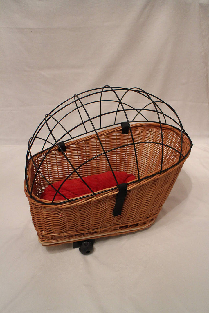 Hundefahrradkorb für Gepäckträger aus Weide mit Metallgitter und Kissen Natur XL oder XXL Gepäckträg