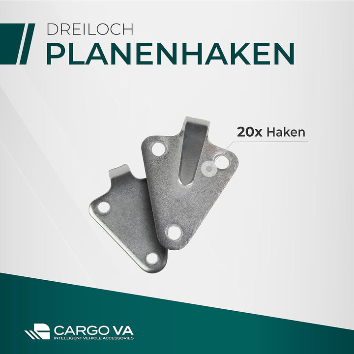 CargoVA - 20 Dreiloch Planenhaken - Besonders Rostbeständige Abspannhaken - Netzhaken, perfekt für d
