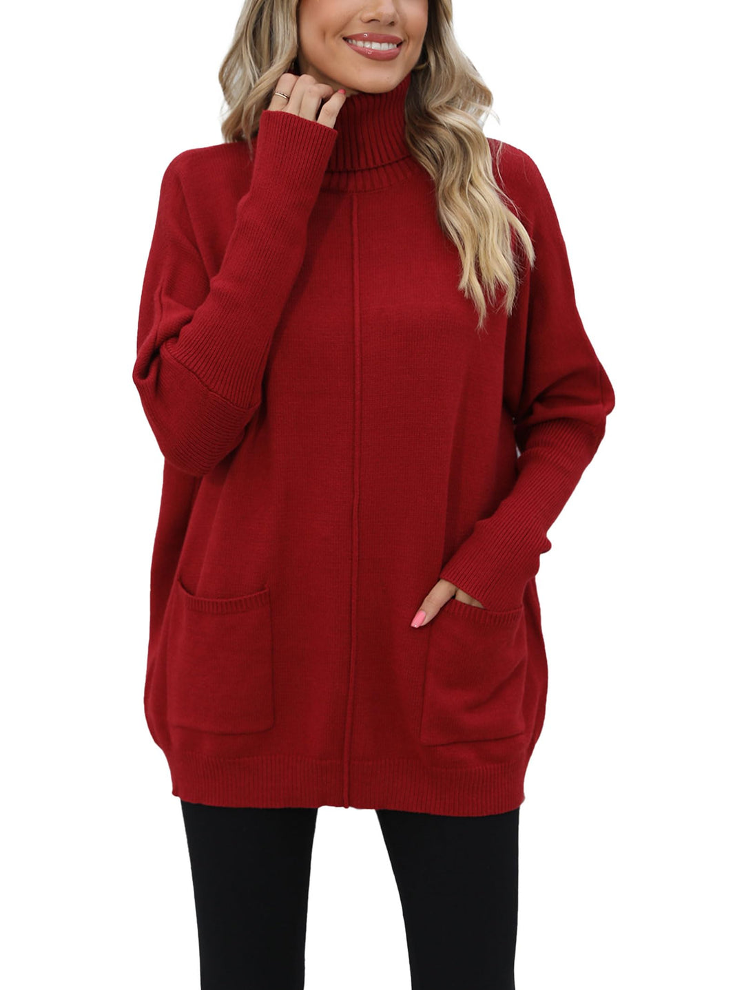 Famulily Basic Dicke Warm Herbst Winter Fledermausärmel Strick Damen Rollkragenpullover Mit Taschen