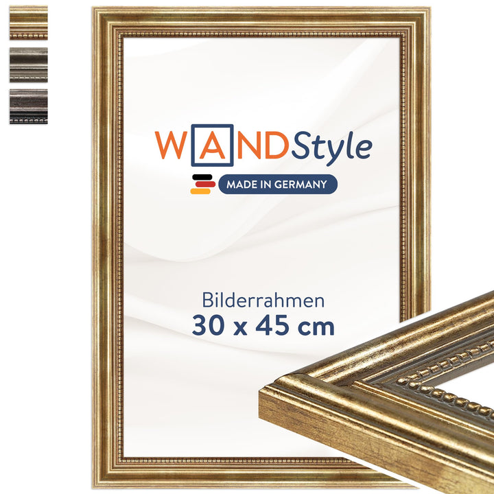 WANDStyle Bilderrahmen Antik 30x45cm I Farbe: Gold I Holzbilderrahmen I Fotorahmen I Goldener Barock