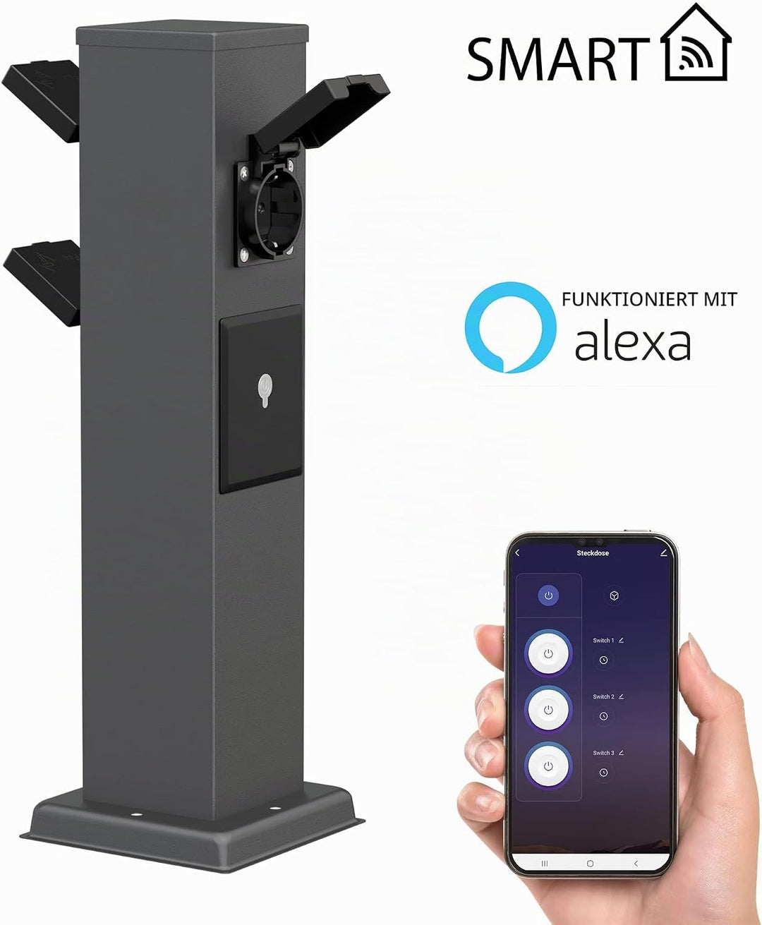 ledscom.de Garten-Steckdosen-Säule Polly mit Erdspiess für aussen, 3-Fach, Smart Home, anthrazit, ec