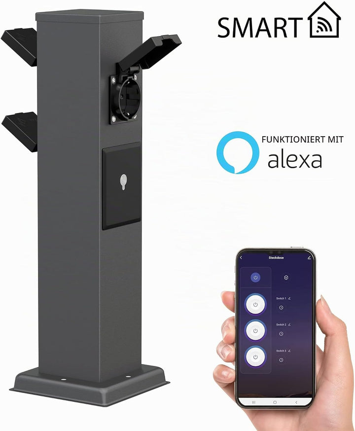ledscom.de Garten-Steckdosen-Säule Polly mit Erdspiess für aussen, 3-Fach, Smart Home, anthrazit, ec