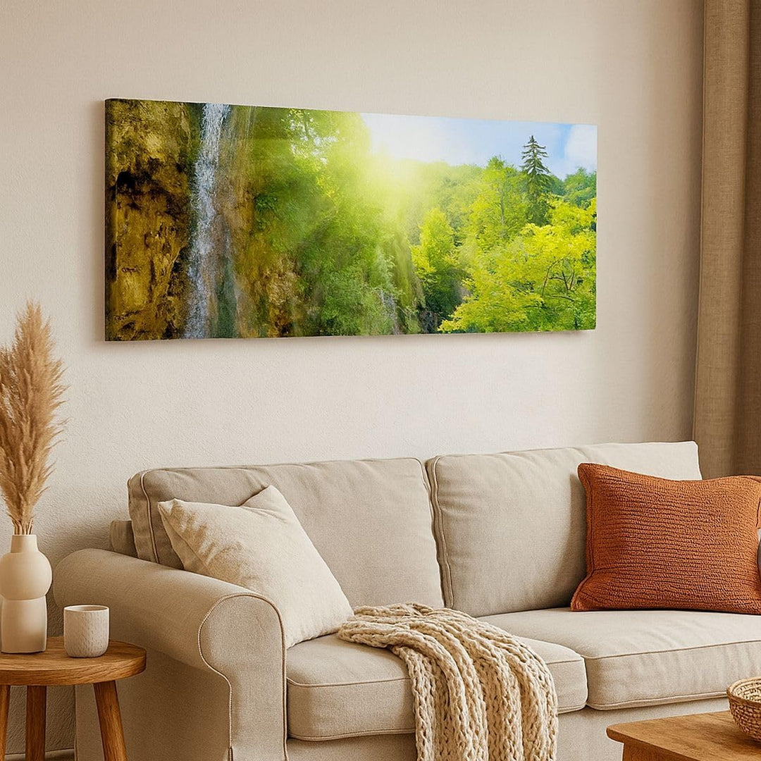 Wandbilder Dekoration Wohnzimmer Wasserfall Forrest Himmel Panorama Bilder auf Leinwand 120x50cm Lei