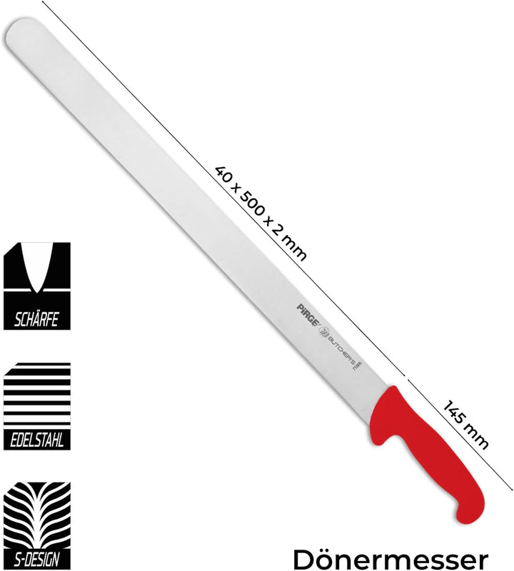 Pirge Butcher's Dönermesser 50 cm Rot - Aufschnittmesser - Schärfstes Döner Langmesser - Schneidemes