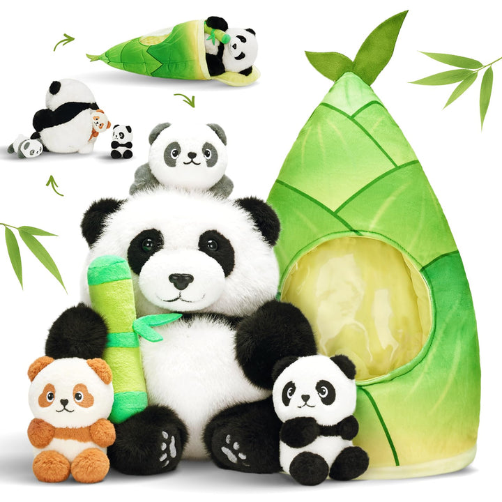 OUOZZZ 5 Stück Panda Kuscheltier und Bambus-Tasche, 25cm Weich Panda Plüschtier mit 3 Baby im Bauch