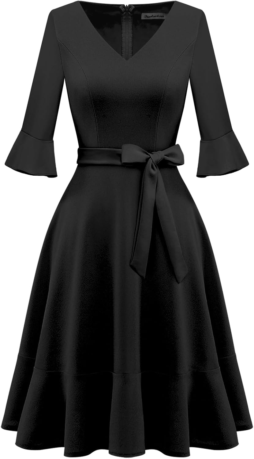 Bbonlinedress Festliche Kleider Damen V-Ausschnitt 3/4 arm Glockenärmeln Rockabilly Kleider Knielang