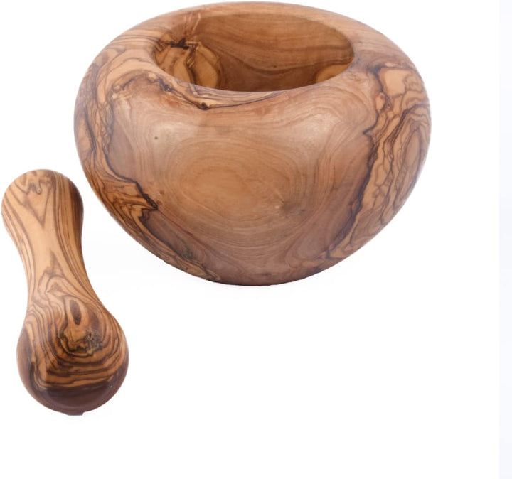 Mörser mit Stössel aus Olivenholz, Kräutermörser, handgefertigt mit Naturrand, Küchenmörser Holzmörs