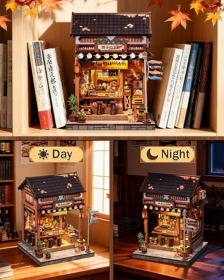 Book Nook Kit - Miniatur Puppenhaus mit LED-Beleuchtung: 3D Holz-Puzzle Buchstütze, Retro-stilvolle