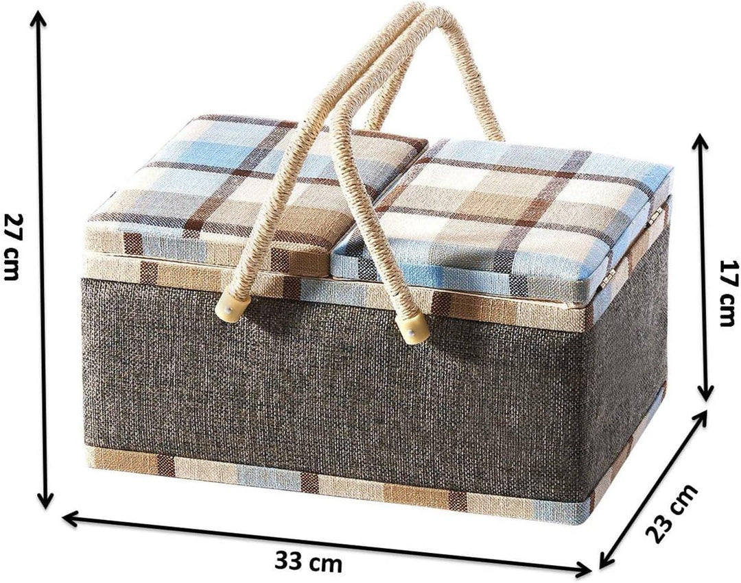Kobolo Nähkästchen Nähkorb Nähkörbchen Nähkasten - blau kariert - Stoff - 33x23x17 cm