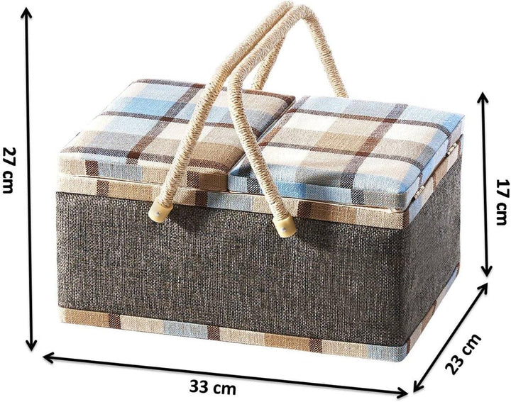 Kobolo Nähkästchen Nähkorb Nähkörbchen Nähkasten - blau kariert - Stoff - 33x23x17 cm