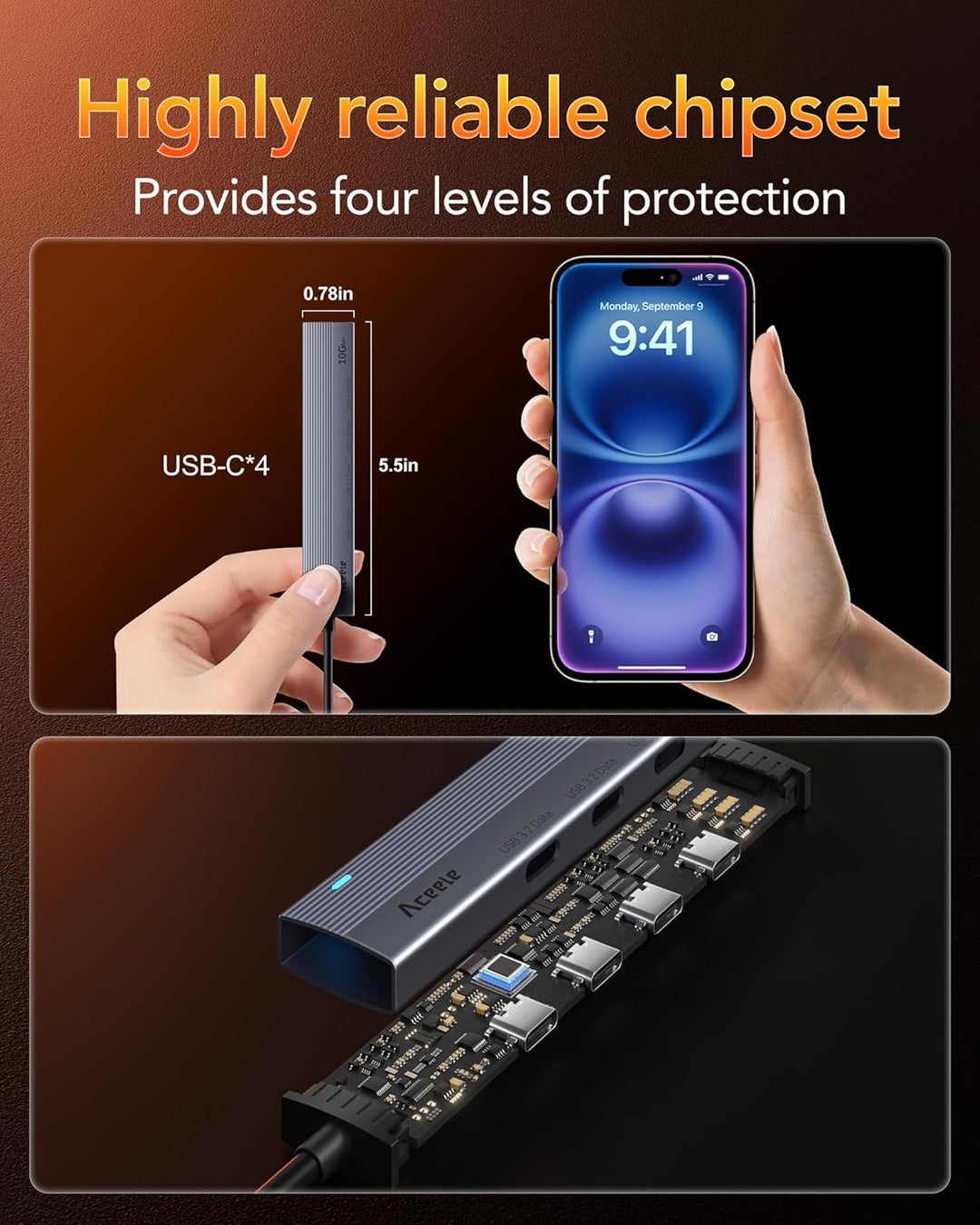 Aceele USB C Hub 3.2 Gen 2 Splitter mit 4 USB-C-Anschlüssen, USB 3.2 Datenhub mit 60 cm Kabel, geeig