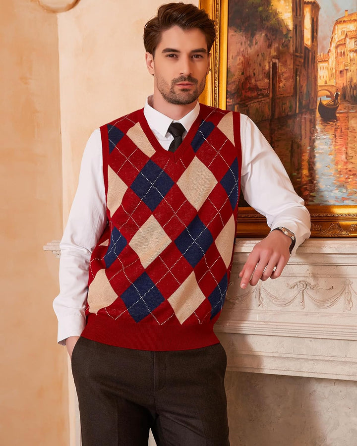 Kallspin Herren Argyle Gestrickt Ärmellos Pullover Wollmischung V-Ausschnitt Strickwesten M Burgunde