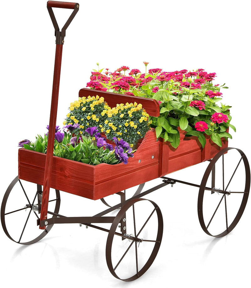 RELAX4LIFE Blumenständer mit 4 Rädern aus Metall, Pflanzwagen aus Massivholz, Holzwagen bis zu 15 kg