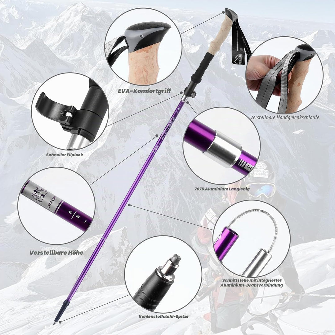 Wanderstöcke Faltbar 105-125 cm 7075 Aluminium, 2 Nordic Walking Stöcke mit Klemmverschluss, 4 Paar