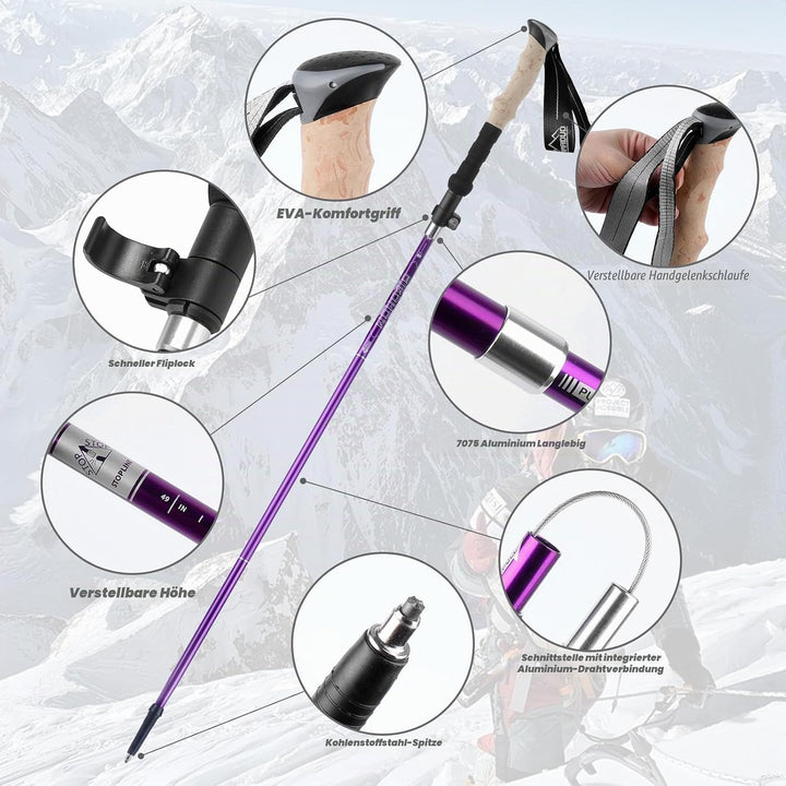 Wanderstöcke Faltbar 105-125 cm 7075 Aluminium, 2 Nordic Walking Stöcke mit Klemmverschluss, 4 Paar
