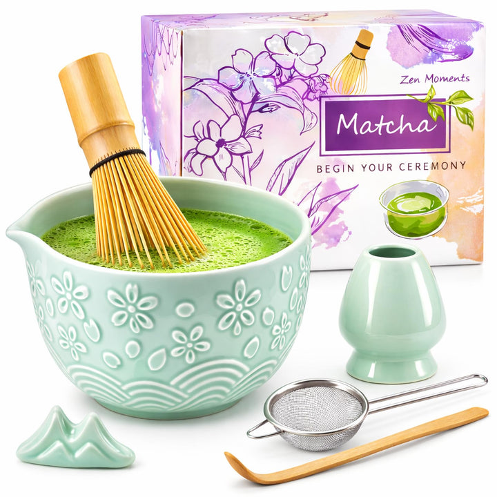 7PCS Matcha Set，500ML Ceramic Matcha Bowl with Spout，Matcha Broom and Holder, Bamboo Scoop, Stainles