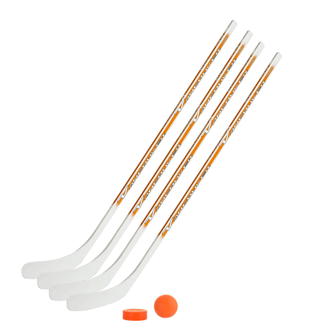 Vancouver Streethockeyschläger-Set Kids 8: 4 Schläger 115cm gerade Kelle & Ball und Puck orange
