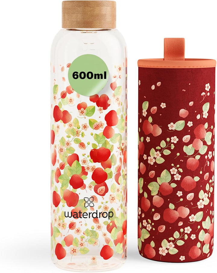 waterdrop® Flasche aus Glas 600ml - Trinkflasche Kohlensäure geeignet, BPA fei & spülmaschinenfest -
