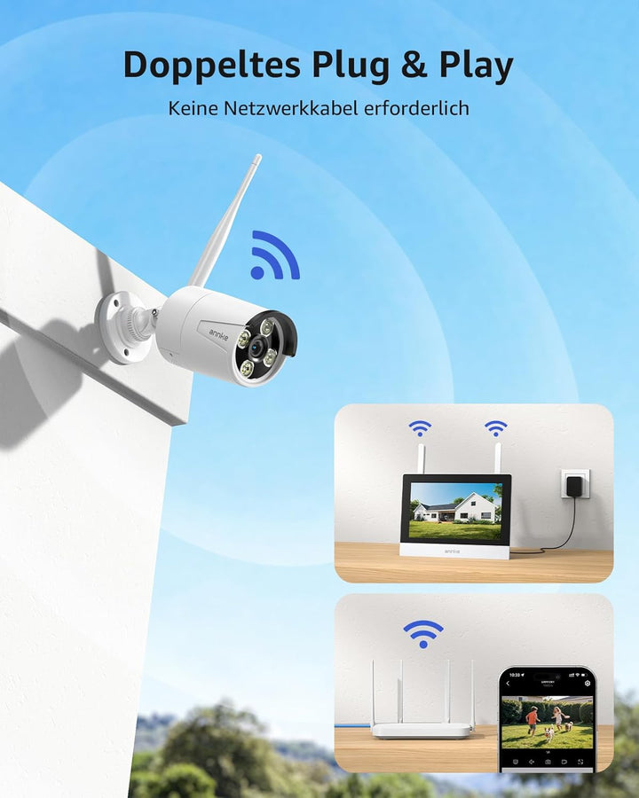 ANNKE 3MP Funk Überwachungskamera Set mit 10.1 Zoll Monitor, 4CH 5MP NVR und 4 IP Kameras Aussen mit