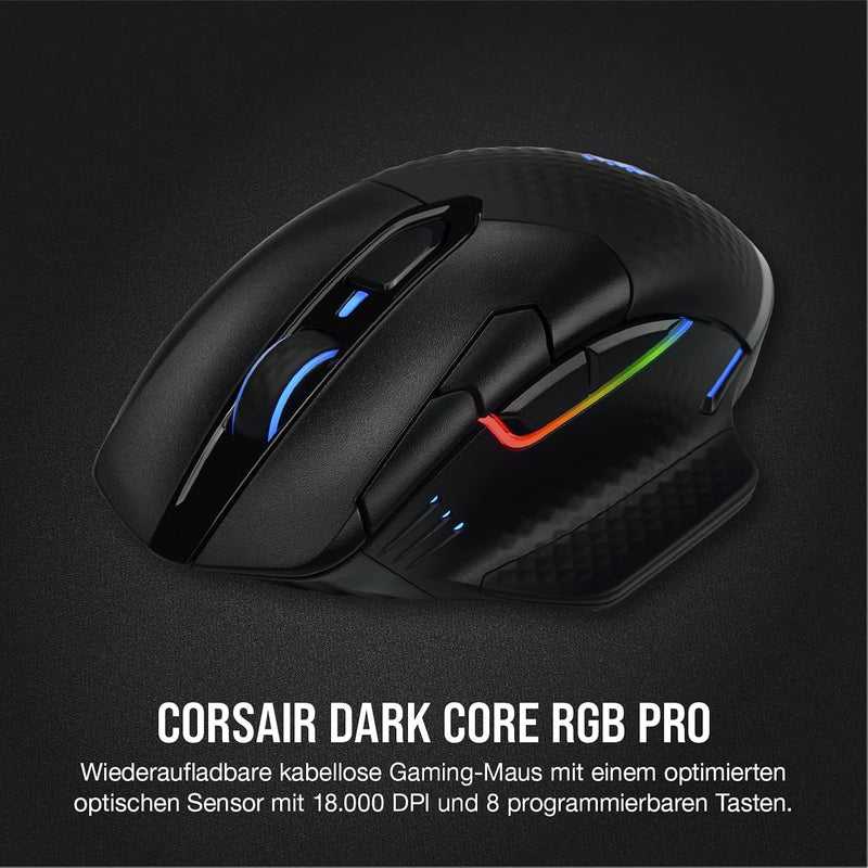 CORSAIR DARK CORE RGB PRO Wireless FPS/MOBA Gaming Maus - 18.000 DPI - 8 Programmierbare Tasten - Su