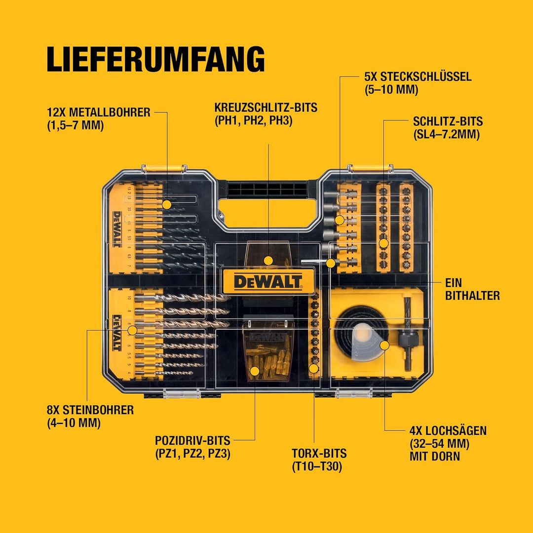 DeWalt Universalset/ MaxiSet (100-tlg., mit HSS-Metallbohrern, Betonbohrern, Lochsägen, Bits 25 mm,