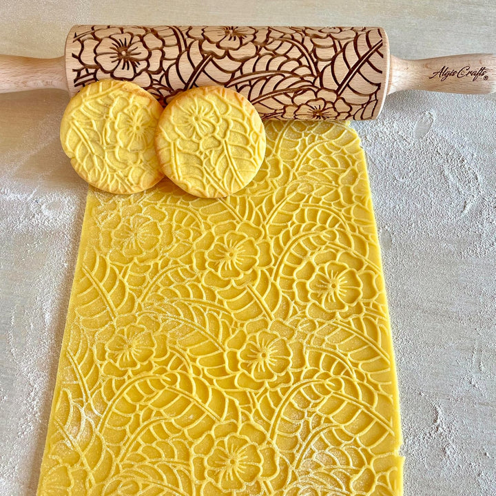 DECKCHEN Nudelholz. Teigrolle mit Blumenmotive für Hausgemachtes Gebäck und Keramik. Präge Teigrolle