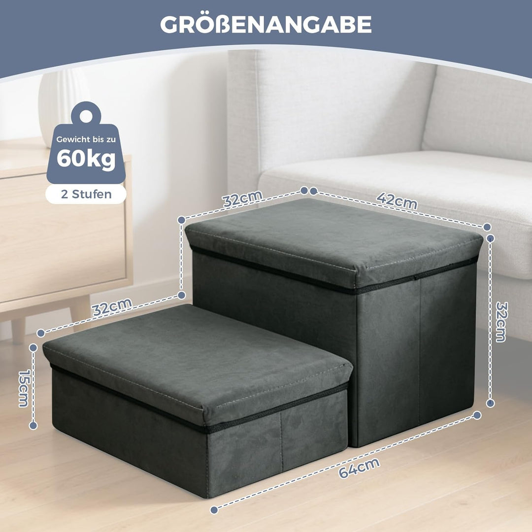 Hundetreppe 2 Stufen, Faltbare Haustiertreppe mit Stauraum, Katzentreppe Hunderampe Sofa für Alte Ka