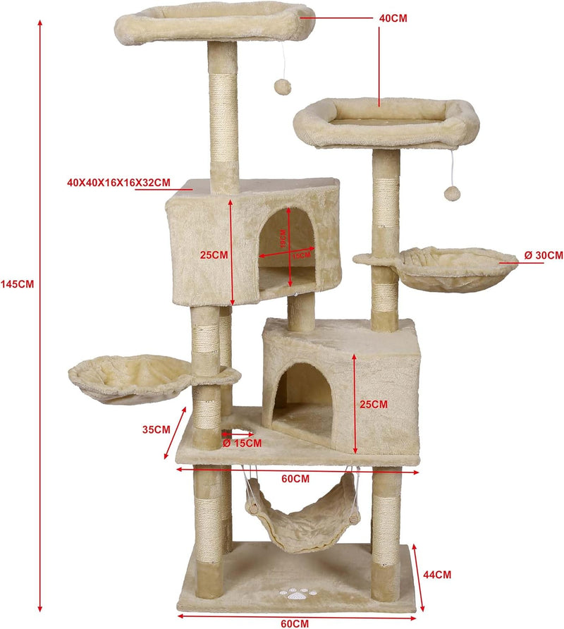 Katzenkratzbaum beige mit Pfotenmotiv 145cm Kratzbaum mit Hängematten, Katzenhäusern und Spielbälle