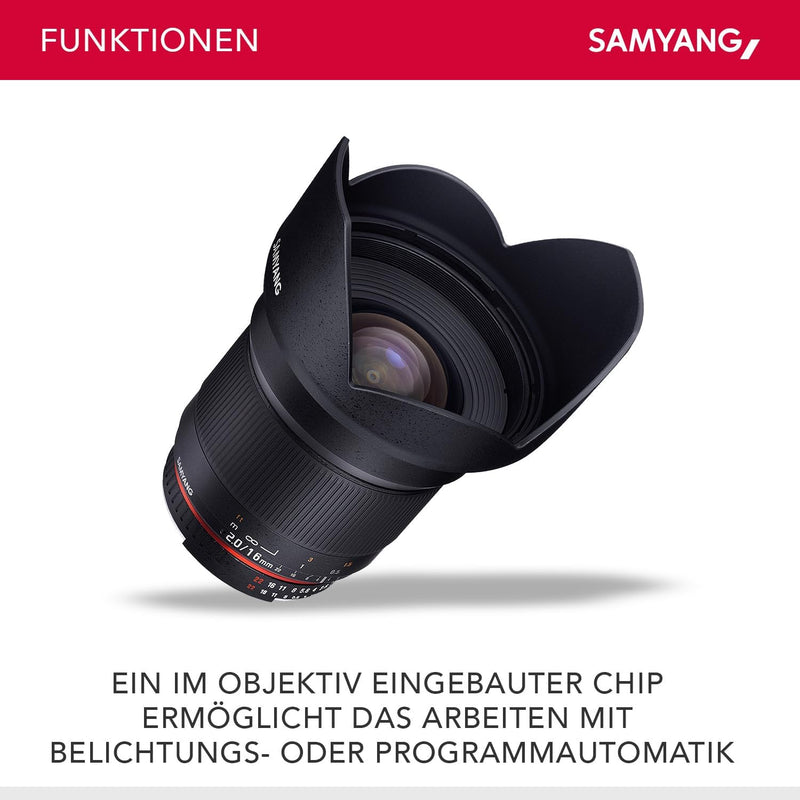 SAMYANG 882112 16/2,0 Objektiv DSLR Nikon F AE manueller Fokus automatischer Blendenring Fotoobjekti