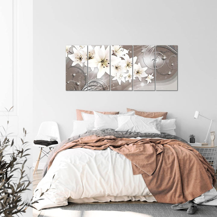 Runa Art Wandbild XXL Blumen Lilien Wohnzimmer Schlafzimmer 200 x 80 cm Beige Braun 5 Teilig - Made