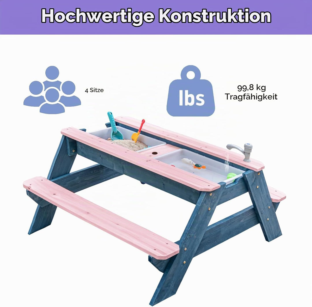 Kids 3-in-1 Sand- und Wasser-Aktivitätstisch, Holz, Outdoor, wandelbarer Picknicktisch mit Regenschi