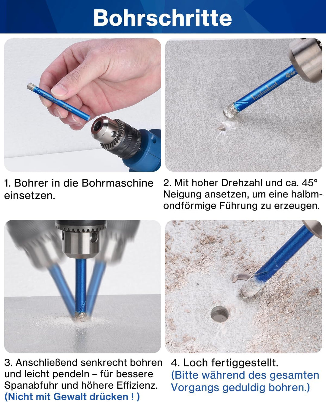 Lytool Fliesenbohrer Diamantbohrer Glasbohrer Set 5 tlg. 5, 6, 8, 10, 12 mm für Keramik, Granit, Gla