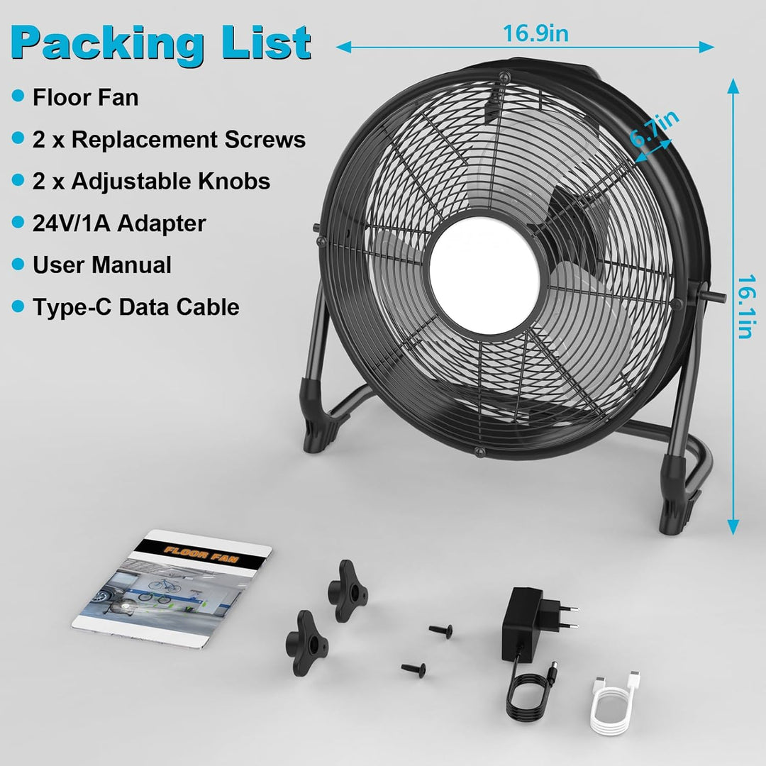 T-SUN 30cm Akku Ventilator mit Lampe, Bodenventilator kompatibel mit Makita 18V, Ohne Akku, Stufenlo