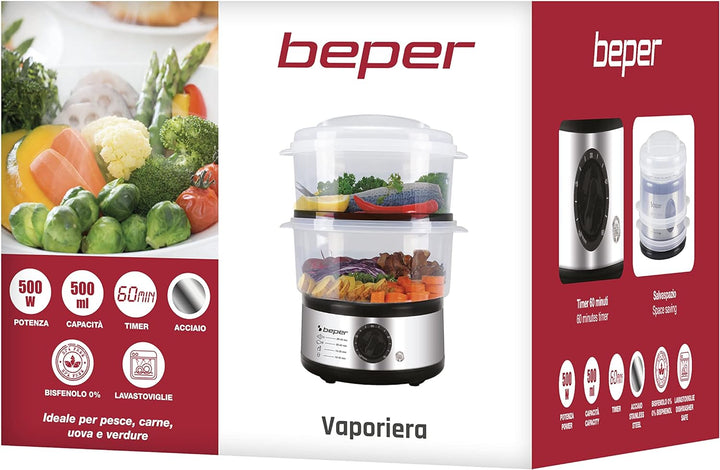 Beper - 5 L Multifunktionaler Dampfgarer, Kompaktspeicher, 60-Minuten-Timer, Leistung 400-500 W, - S
