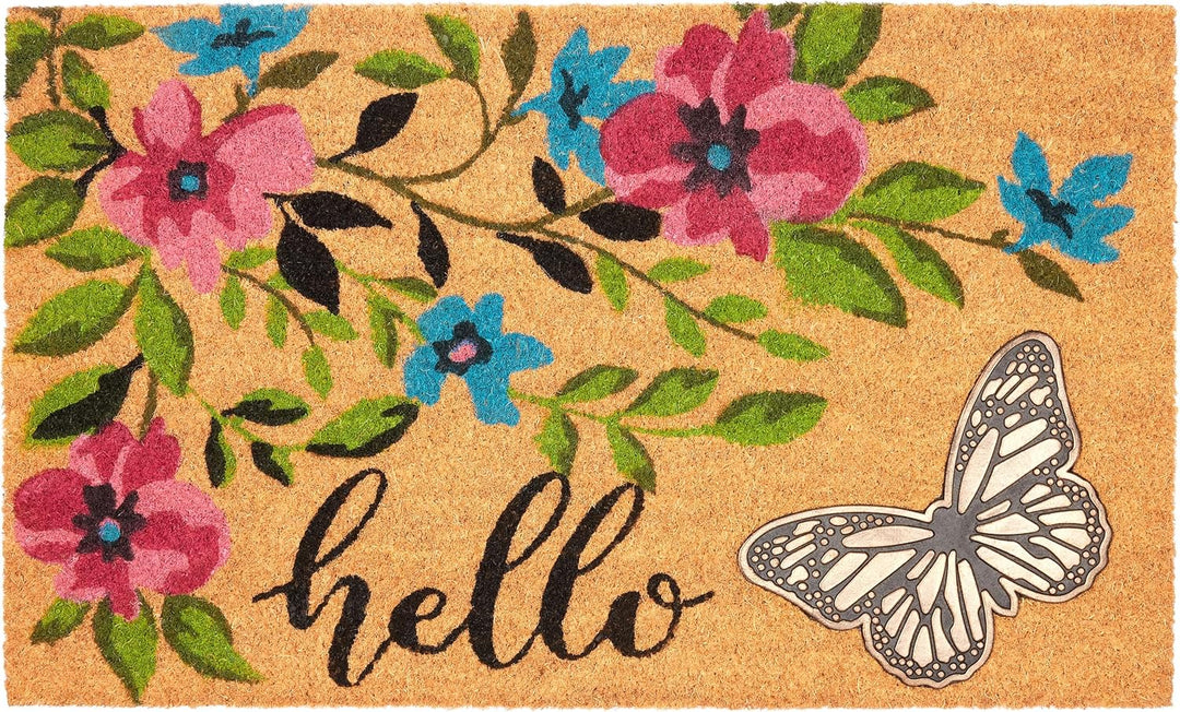 BRUBAKER Fussmatte für Aussen und Innen - 3D Schmetterling mit Blumen und Hello - 45 x 75 cm Schmutz