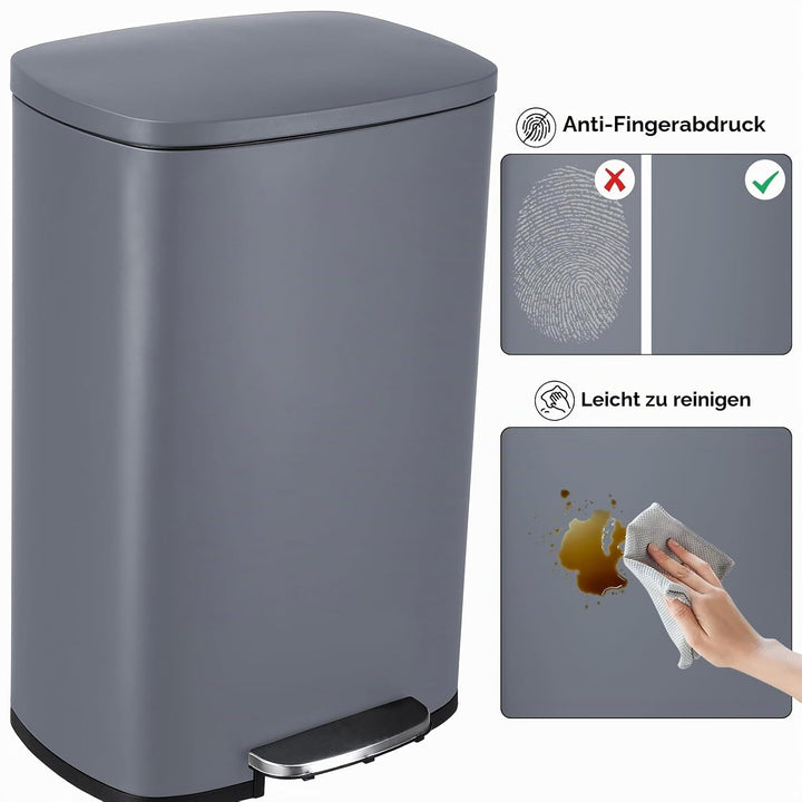LIFERUN Mülleimer 50l aus Edelstahl, Abfalleimer mit Deckel, Soft-Close Tretmülleimer, Grosser Trete