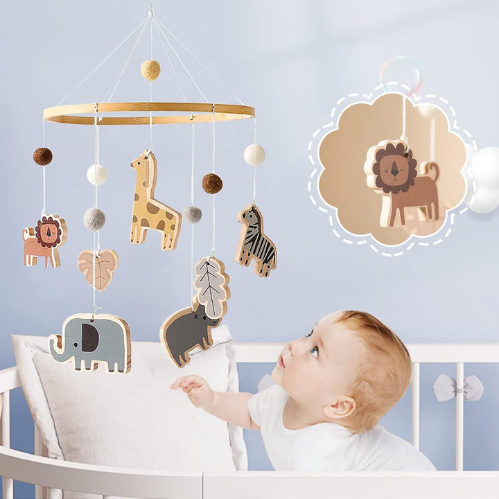 Baby Mobile Baby Windspiele, Babybett Mobile Holz mit Filzbällen Giraffe Löwe Tiere, Hängende Bettgl