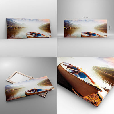 Wandbilder Dekoration Wohnzimmer Berge See Boot Panorama Bilder auf Leinwand 120x50cm Leinwandbild m