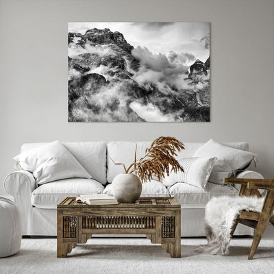 Bilder auf Leinwand 100x70cm Leinwandbild mit Rahmen Berge Nebel Gipfel Gross Wanddeko Bild Schlafzi