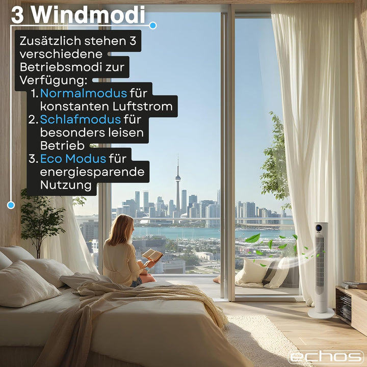 Echos Turmventilator | Ventilator sehr leise | Fernbedienung | Oszillierend | LED-Display | 3 Stufen