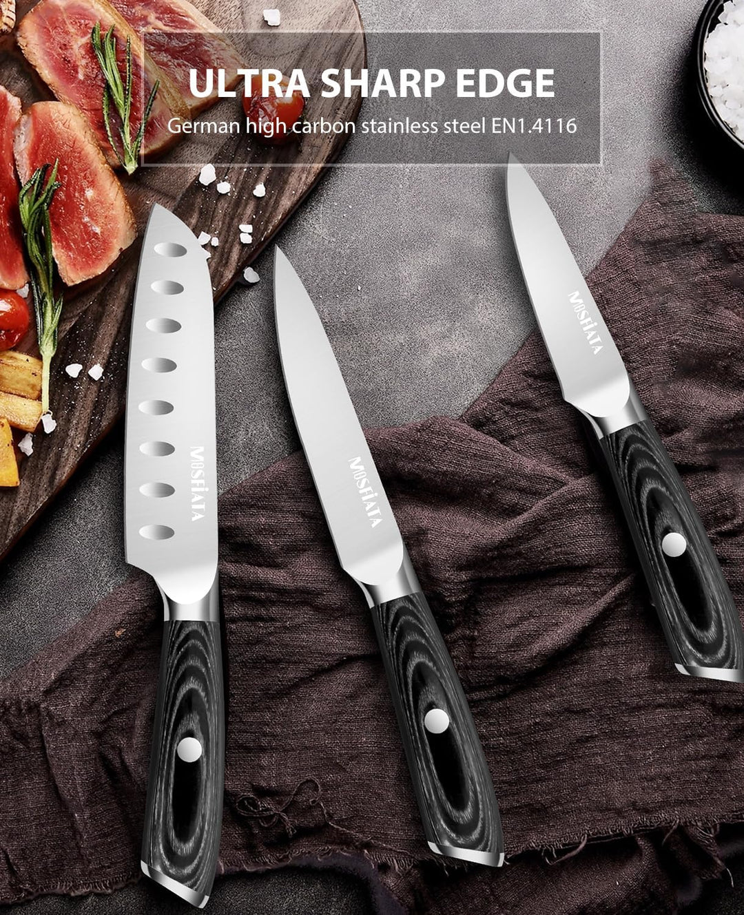 MOSFiATA Küchenmesser Set 3pcs-13 cm Allzweckmesser,13 cm Santoku Messer, 9 cm Schälmesser, Kochmess
