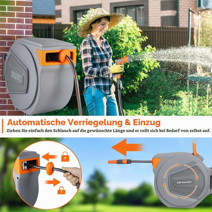TLGREEN Schlauchtrommel Wasser 30m, Schlauchaufroller mit 9-Funktionen Handbrause und Gartenschlauch