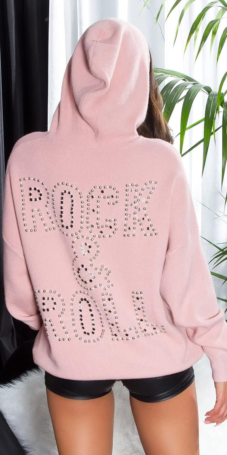 Oversize Langarm Hoodie Kapuzen Pullover mit Deko Nieten Einheitsgrösse Rosa, Einheitsgrösse Rosa