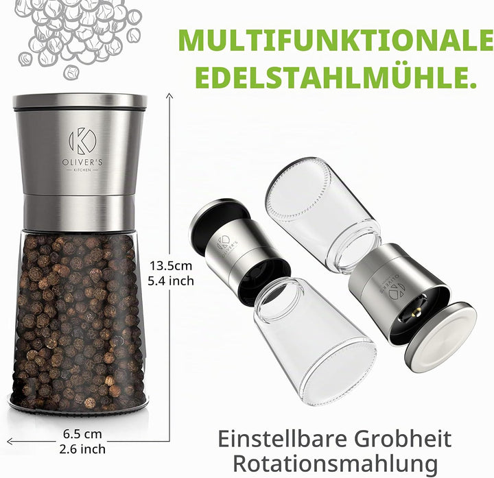Oliver's Kitchen ® Salz und Pfeffermühle - Premium Keramikmühlen 2 Stück – Einfach aufzufüllen – man