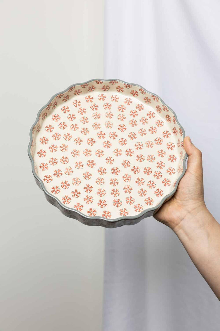 Tranquillo Quicheform aus Steinzeug mit handgestempeltem Print Grau/Rot Retro, 27 cm