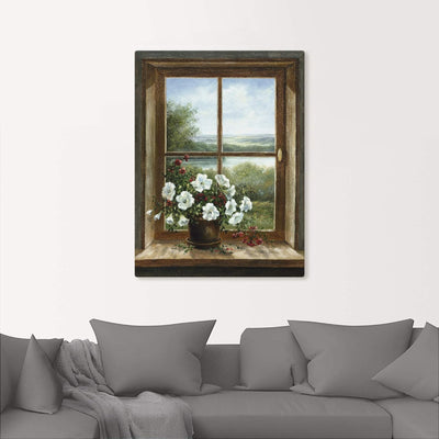 Artland Leinwandbild Wandbild Bild auf Leinwand 90x120 cm Wanddeko Fensterblick Blumen Fenster Lands