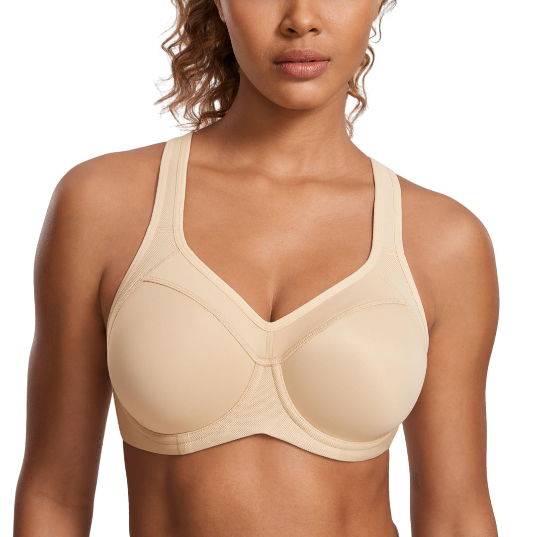 SYROKAN Damen Sport BH Starker Halt- Bügel Push Up Ringerrücken Gepolstert Fitness BH 70B Beige, 70B