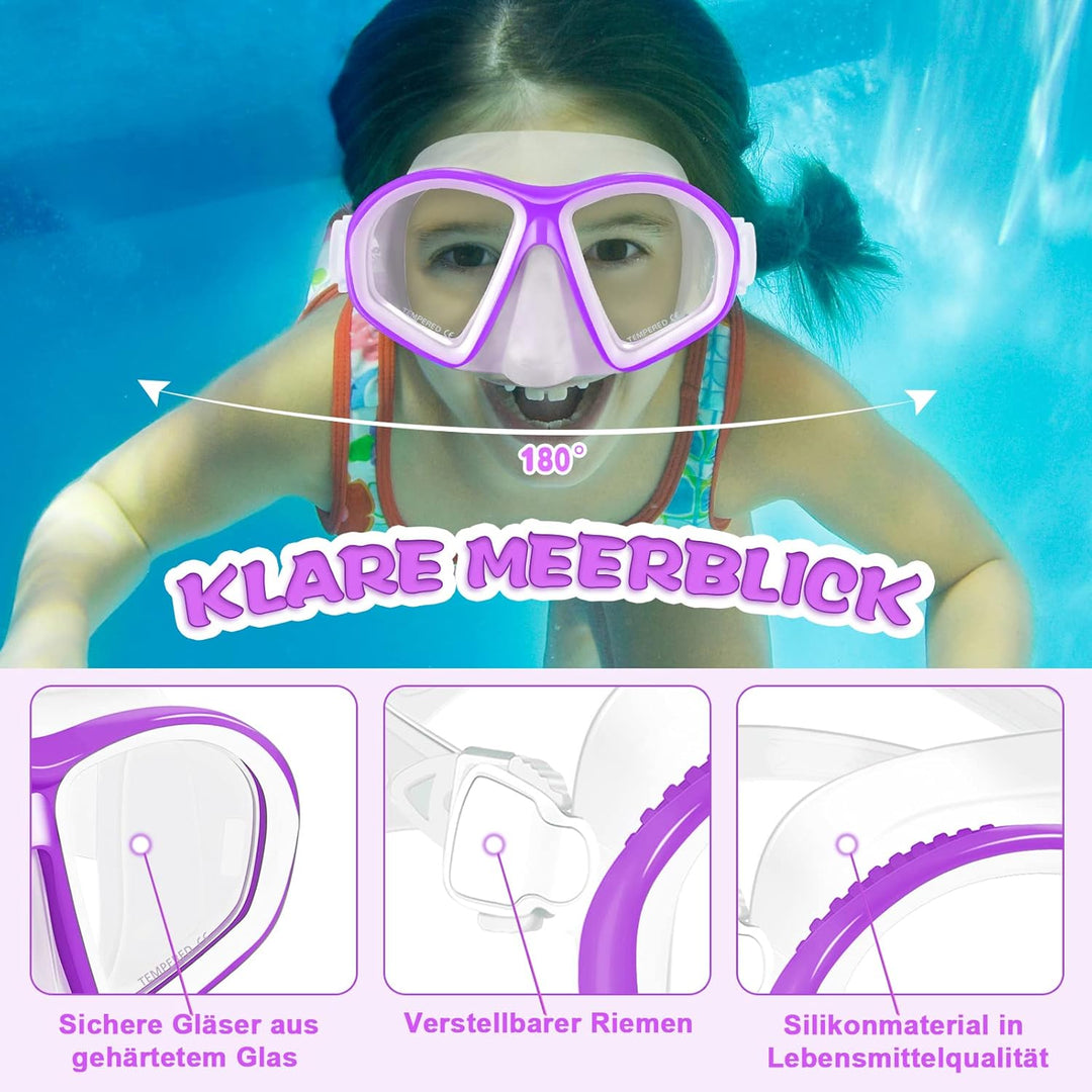 Supertrip Kinder Schnorchelset 3-teilig, Schnorcheln Set mit Flossen, Taucherbrille mit Tempered Gla