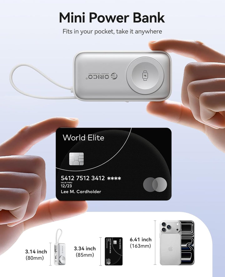 ORICO Mini Powerbank 5000mAh, PD 22,5W Externe Handyakkus mit Klappbarem USB-C Stecker & USB-C Kabel