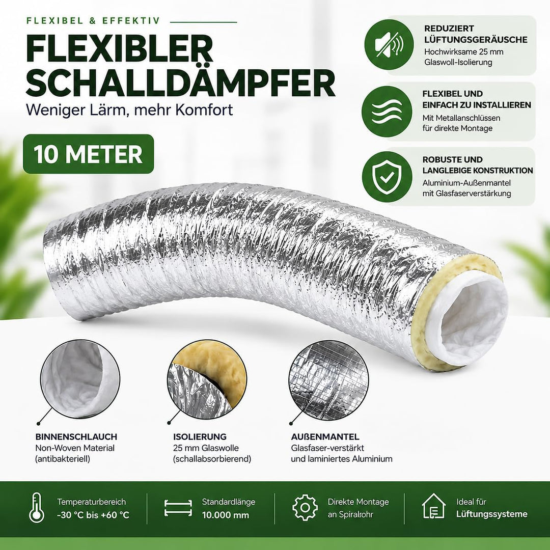 Whisper - Flexibler Aluminium-Schalldämpfer - Ø 180mm - Vlies-Innenschlauch - 10 Meter Länge - Geräu